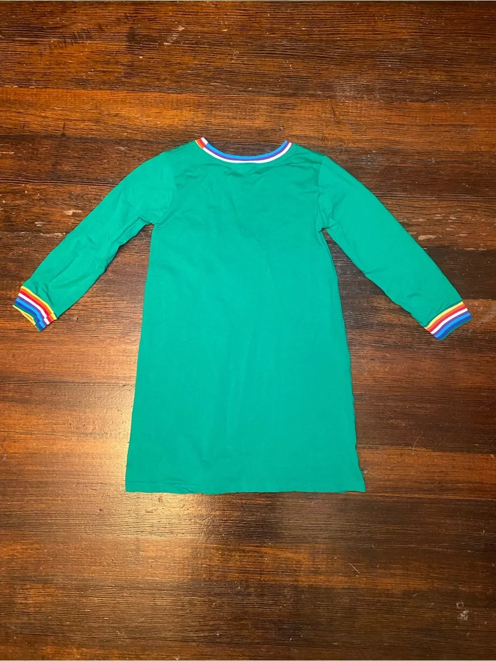 EUC 100% Cotton Bright Green Peekaboo Patch Kittens Rainbow Cuff Tunic Dress